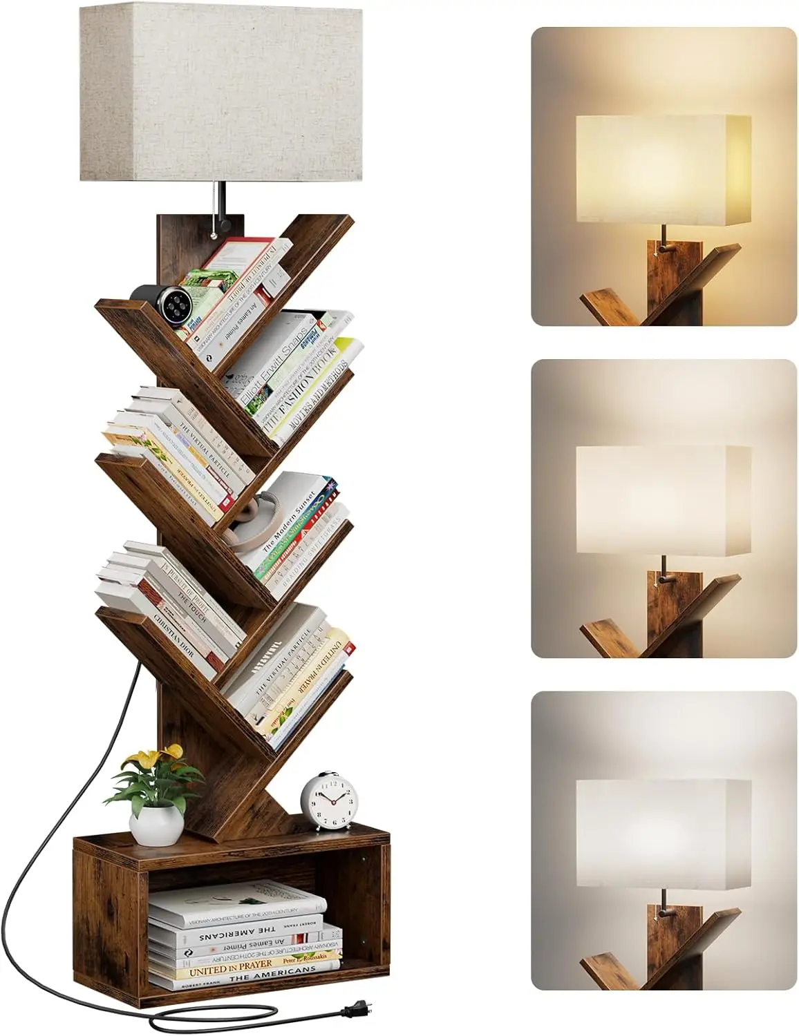 6Tier TreeShaped Bookshelf with BuiltIn Light, Rustic Brown
