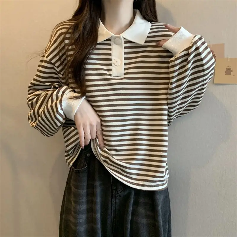 Big Size Polo-neck Niche Striped T-shirt Fat MM Loose Slim Lazy Long Sleeved Top OL All-match Fashionable Young Style Simplicity