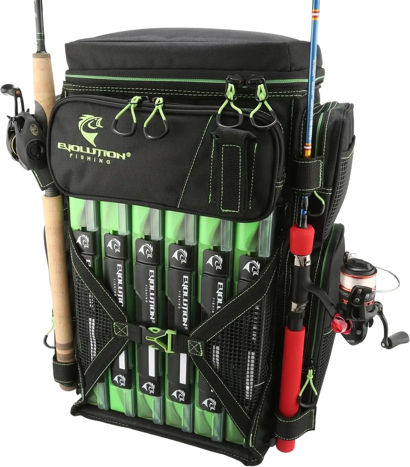 Fishing Drift Series 3700 Tackle Backpack with QuikLatch System & 2 Rod Holders – Green, Heavy Duty Fishing Backpack w/ 6 Tackle