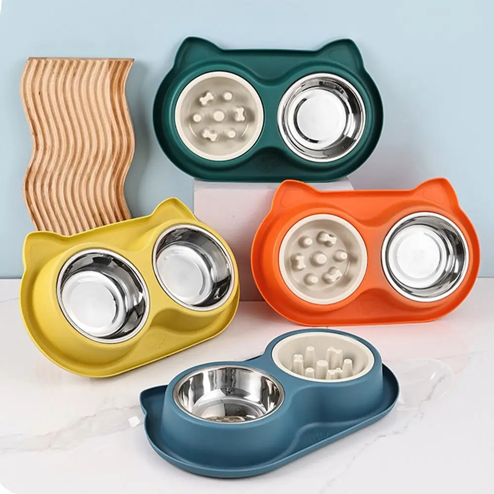 Plastic Pet Feeding Double Bowls Stainless Steel Portable Cat Slow Food Bowl Anti Knock Detachable Pet Food Basin Kitten