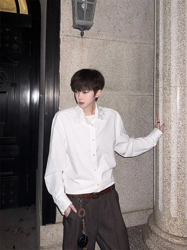 

Ele Long Sve Embroidered Collar Casual irt Men's Breathable Polyester Fiber Cool Feeling Spring Summer irt