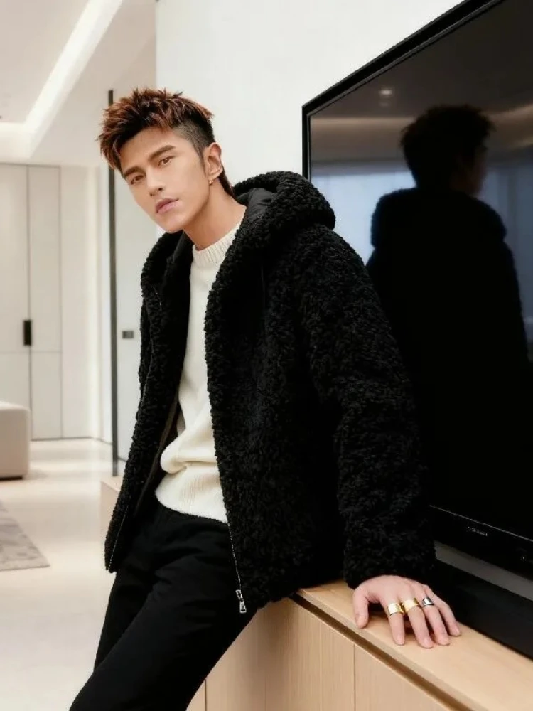 Men's Winter Hooded Zip-Up Lambswool Fleece Jacket Parkas Thick Warm Retro Casual Versatile Quilted Coat Winter Outerwear