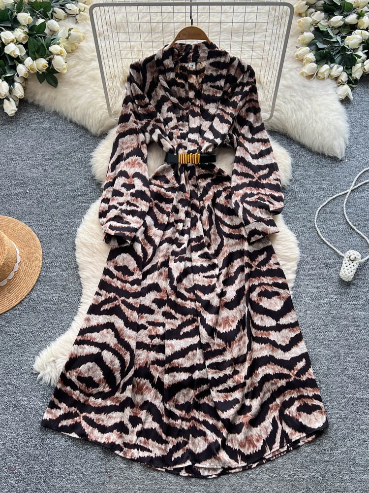 Ele V-ne Print Satin Long Dr Damen Herbst Winter Faion Gürtel Taille Hohe Taille A-Linie Dr Ci Pendeln