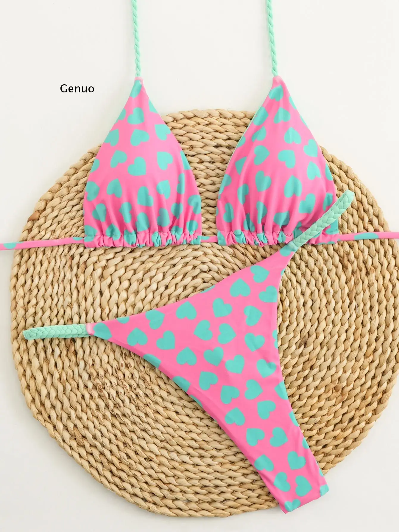 

Leopard Heart Print Triangle Tie Side Bikini Set Braided Strap Two Piece Swimsuit