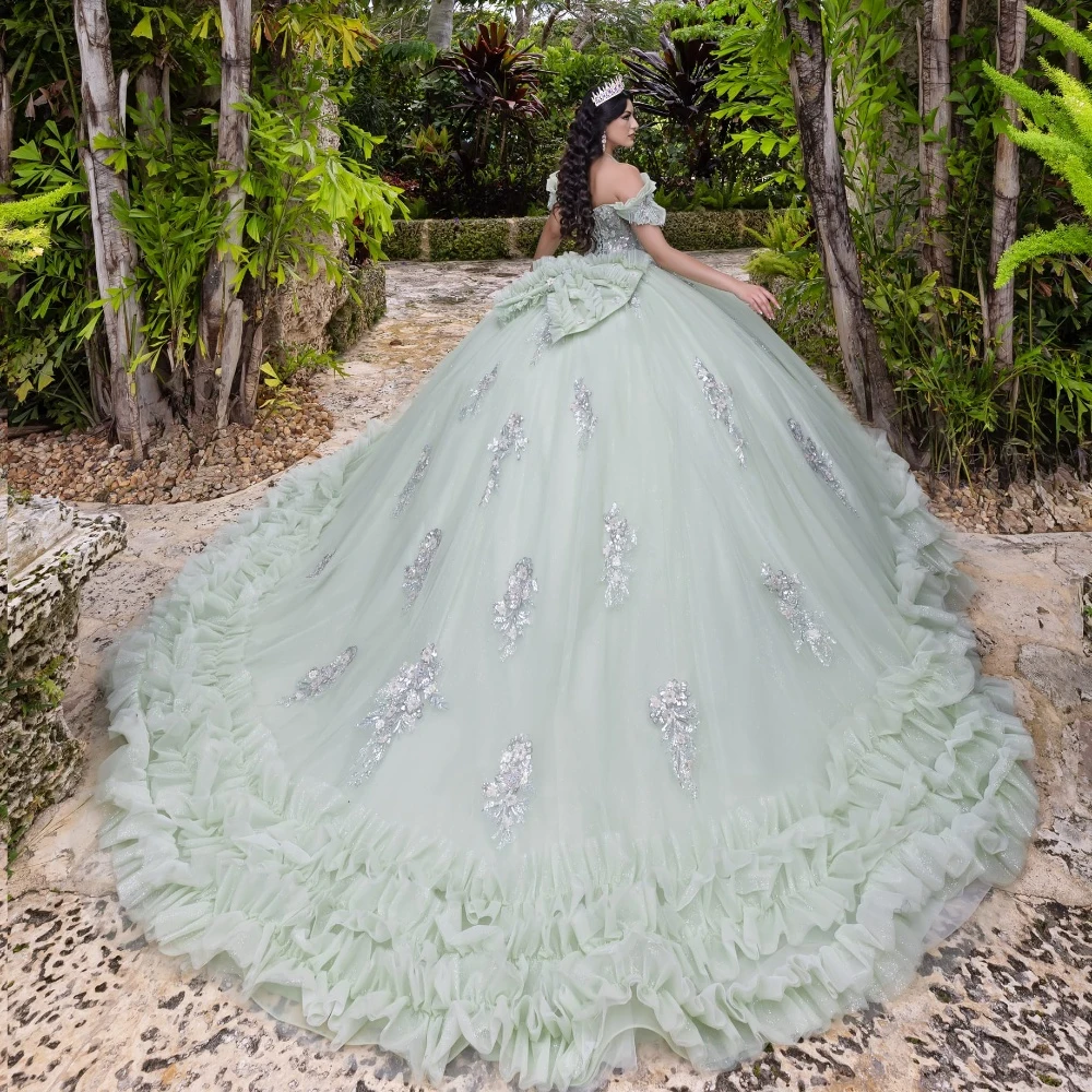 EVLAST Customized Mexican Sage Quinceanera Dress Ball Gown Lace Applique Beads Ruffles Tiered Sweet 16 Vestido De 15 Anos E3Q256