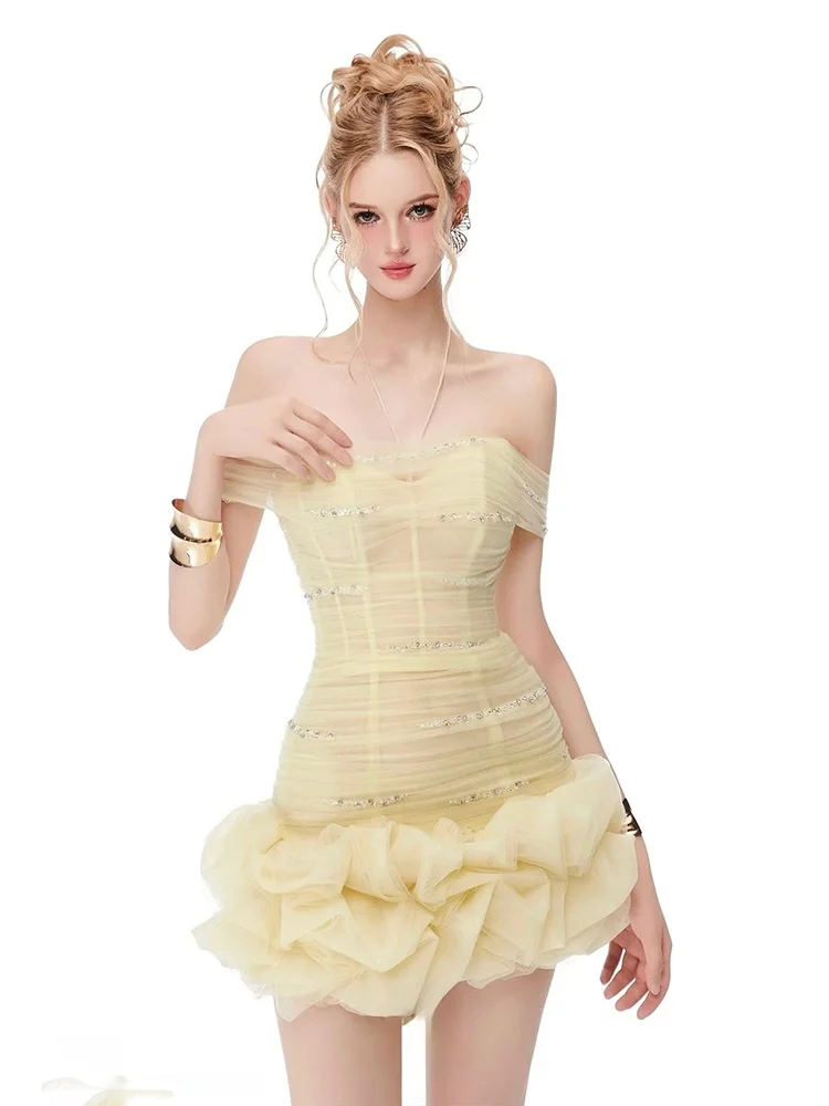 

Elegant Pure Desire Style One-Shoulder Mesh Dress Women's Summer High-End Sensation Slimming Waist Cinched Dress for Ladies