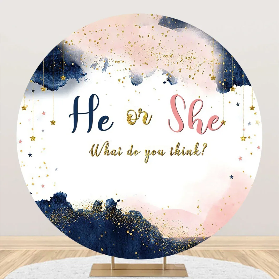 Tableclothsfactory Round Gender Reveal Backdrop Boy or Girl Baby Shower He Or She Circle Fabric Cover Birthday Party Decorations