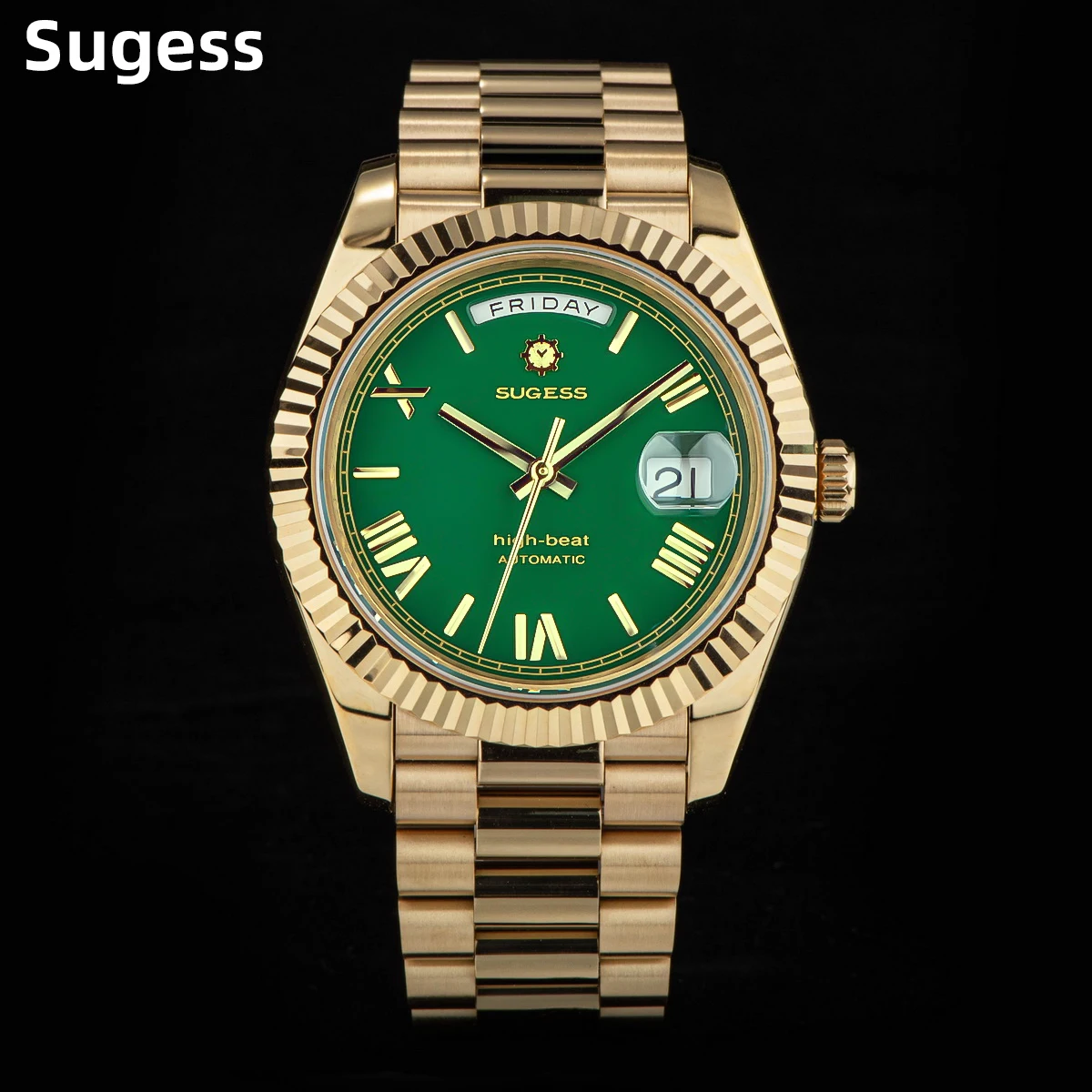 

2023 New Sugess Watch of Men 40mm Day Date Automatic Dandong SL3034 Movement Retro Mechanical Wristwatch Sapphire Glass Golden