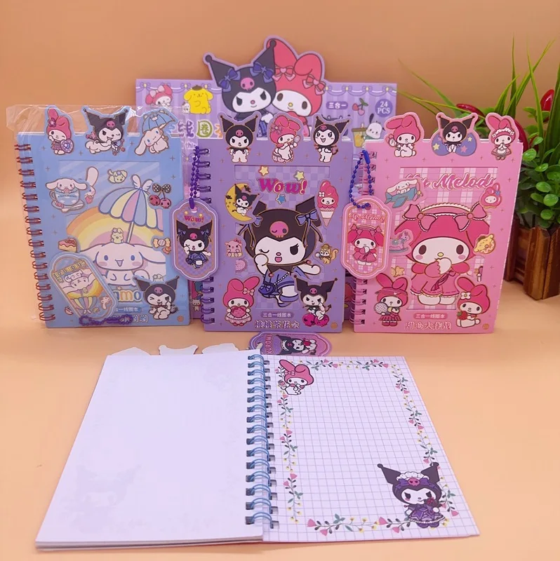 24pcs Sanrio Stickers Notebook Coil Book Kuromi Melody Cinnamoroll Student Handbook Material Sticker Notepad Stationery Kids Toy