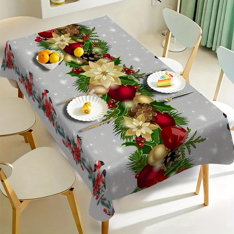 

Christmas Poinsettia Ball Holly Tablecloth for Party Decor Winter Xmas Snowflake Kitchen Dining Table Cloth Christmas Decoration