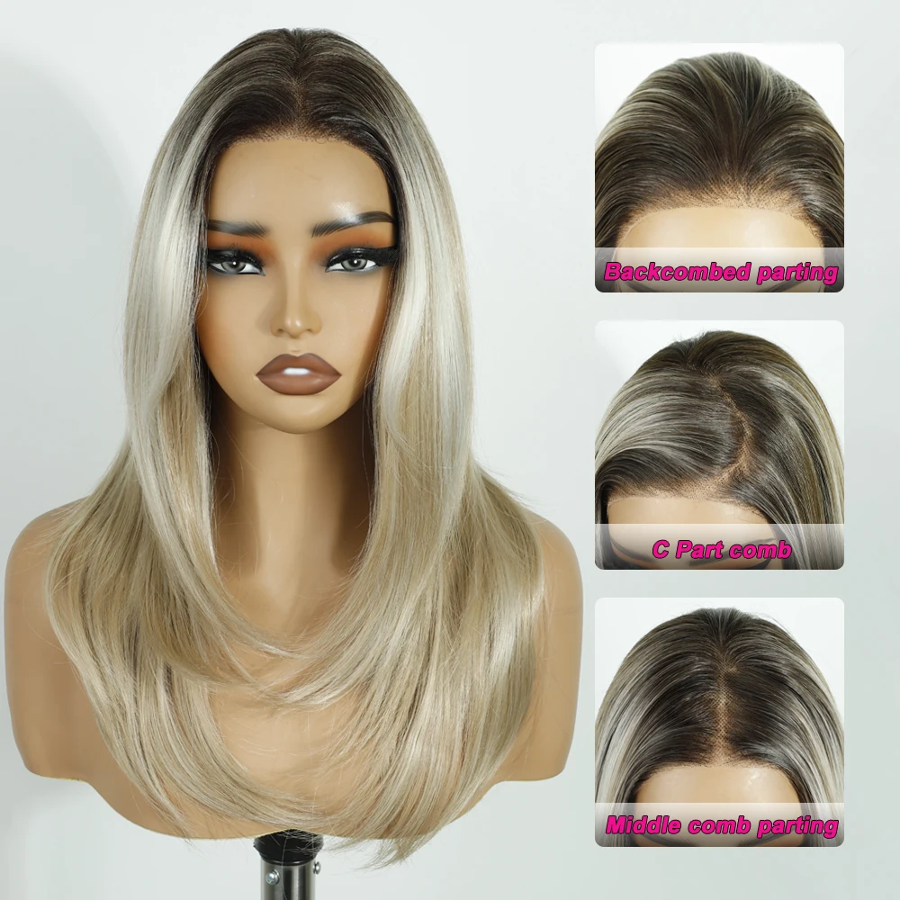 Perruque Lace Frontal Wig synthétique Noble pour femmes, perruque Lace Front Wig pre-plucked de 20 pouces, Wear And Go Ombre marron 13x6, perruques Lace Wig pré-coupées