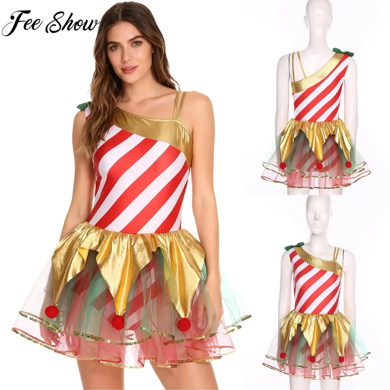 

Womens Christmas Candy Cane Cosplay Costume Ballet Tutu Dance Dress Tulle Leotard Striped Dress Xmas Elf Fancy Dress Party Wear
