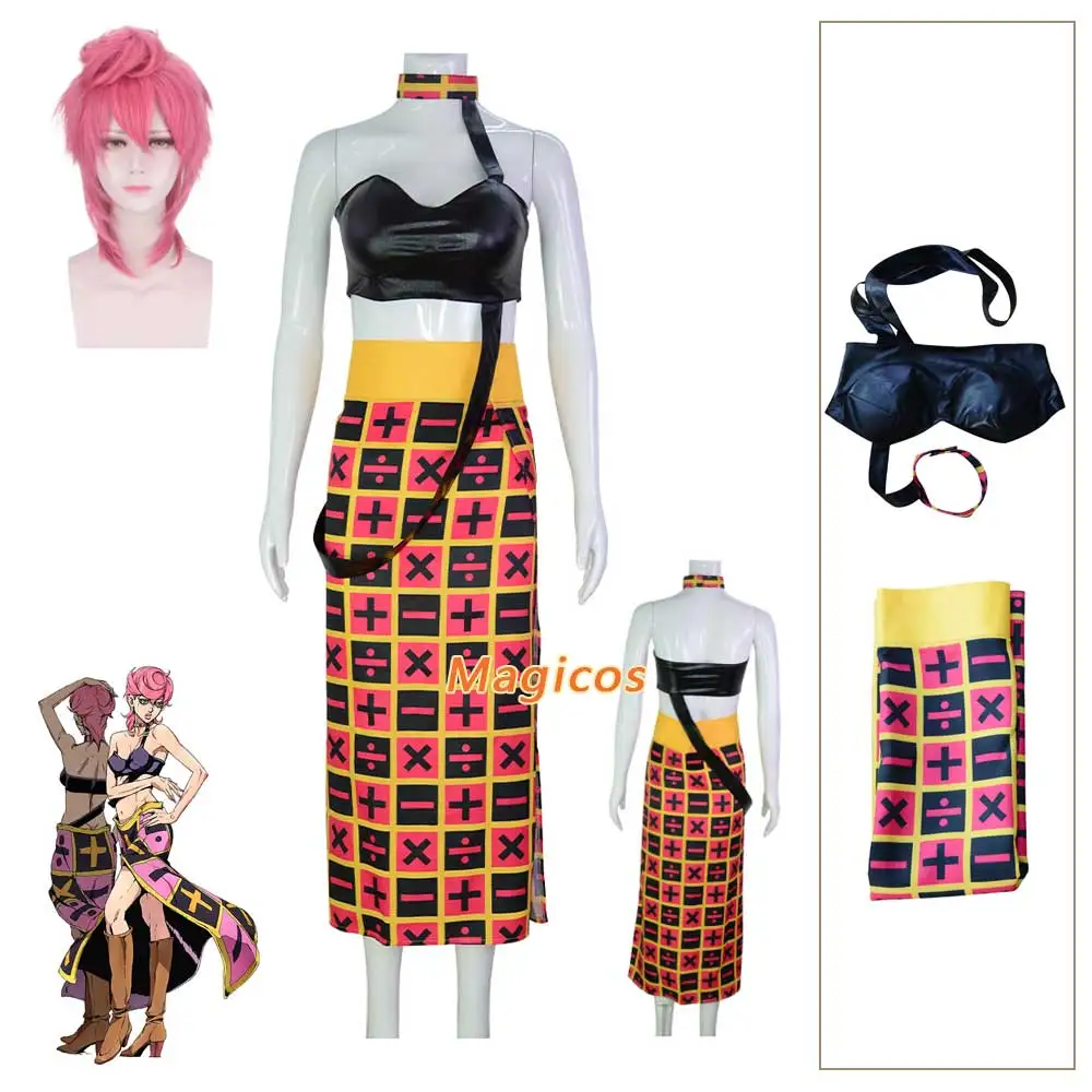 أنيمي جوجو مغامرة غريبة الذهبي الرياح تريش أونا تأثيري حلي شعر مستعار بولي Tube أنبوب القمم منقوشة تنورة امرأة مثير كرنفال حفلة البدلة