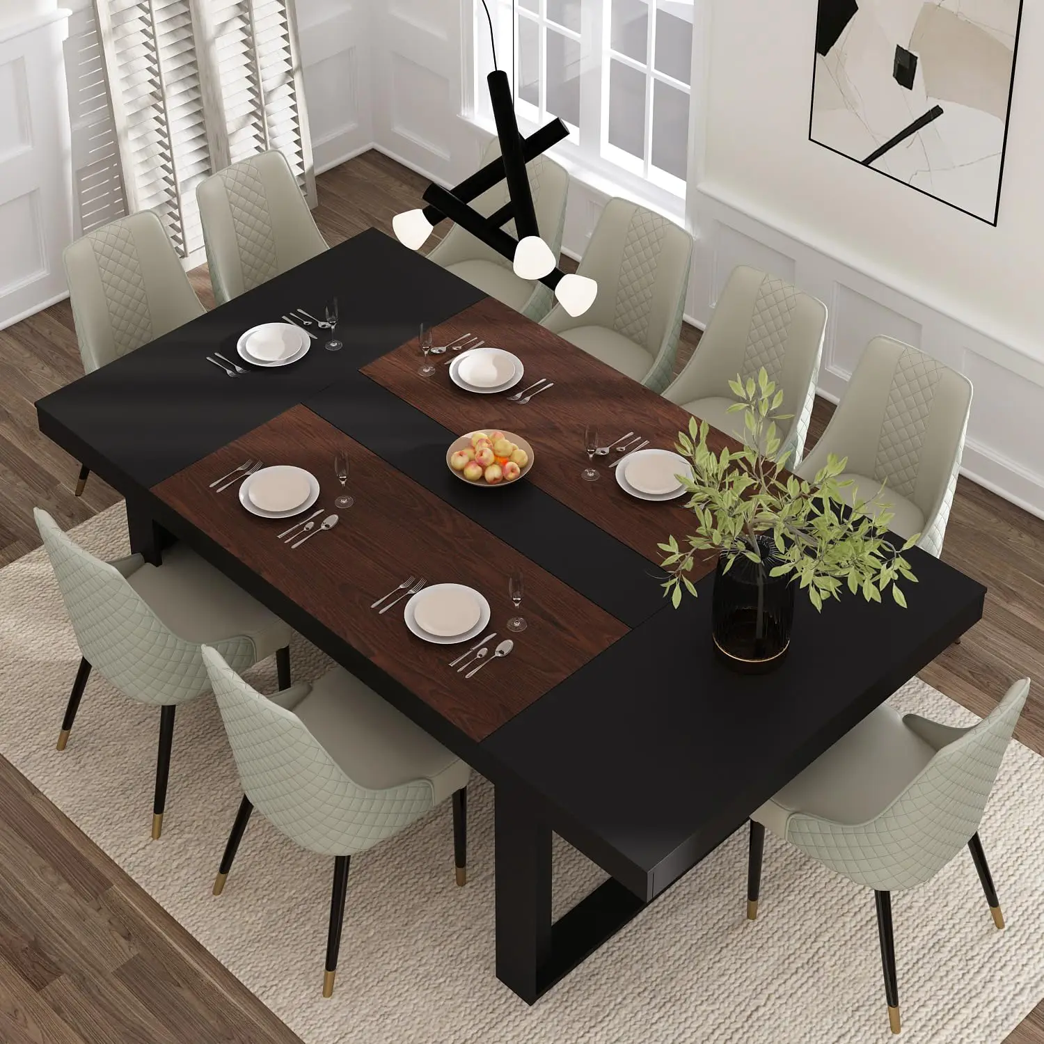 Dining Table for 8-10 People, 86.6-Inch Rectangular Wood Kitchen and Office Conference Room Table, Brown & Black, Customized
