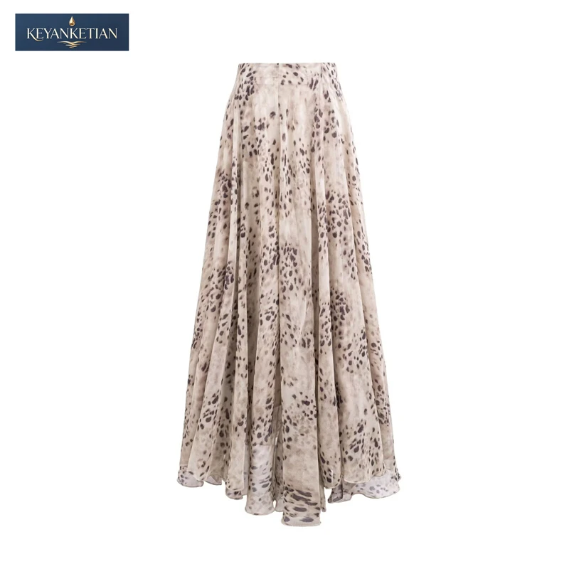 Falda Midi KEYANKETIAN 2026 Estilo Safari Vintage, Cintura Alta, Estampado de Leopardo, Capas Fluidas y Cierre Oculto, Corte en A