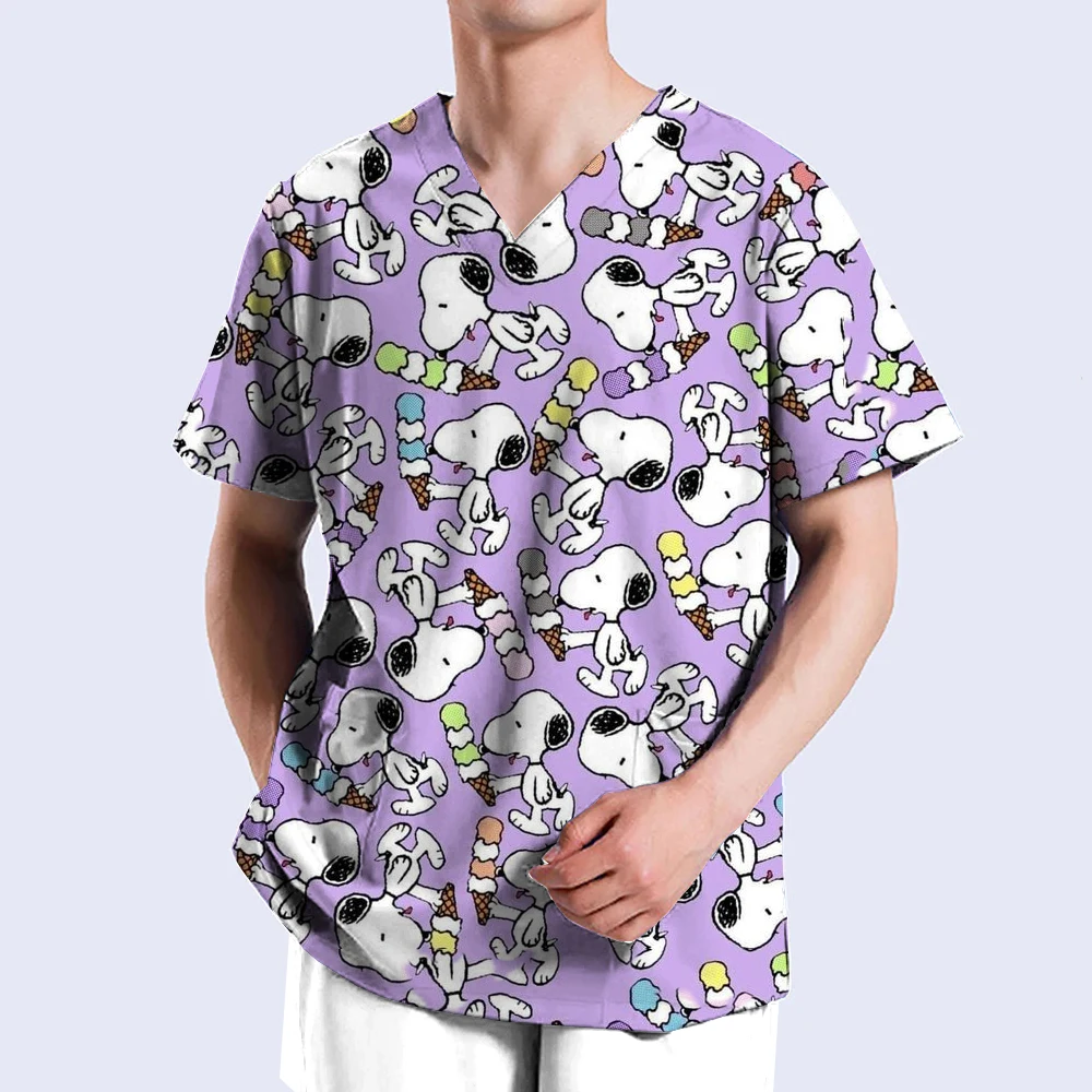 New Hospital Nursing Workwear Surgical Shirt Medical Scrubs Tops for women men Snoopy print V-neck Pockets Uniforms Scrub Blouse