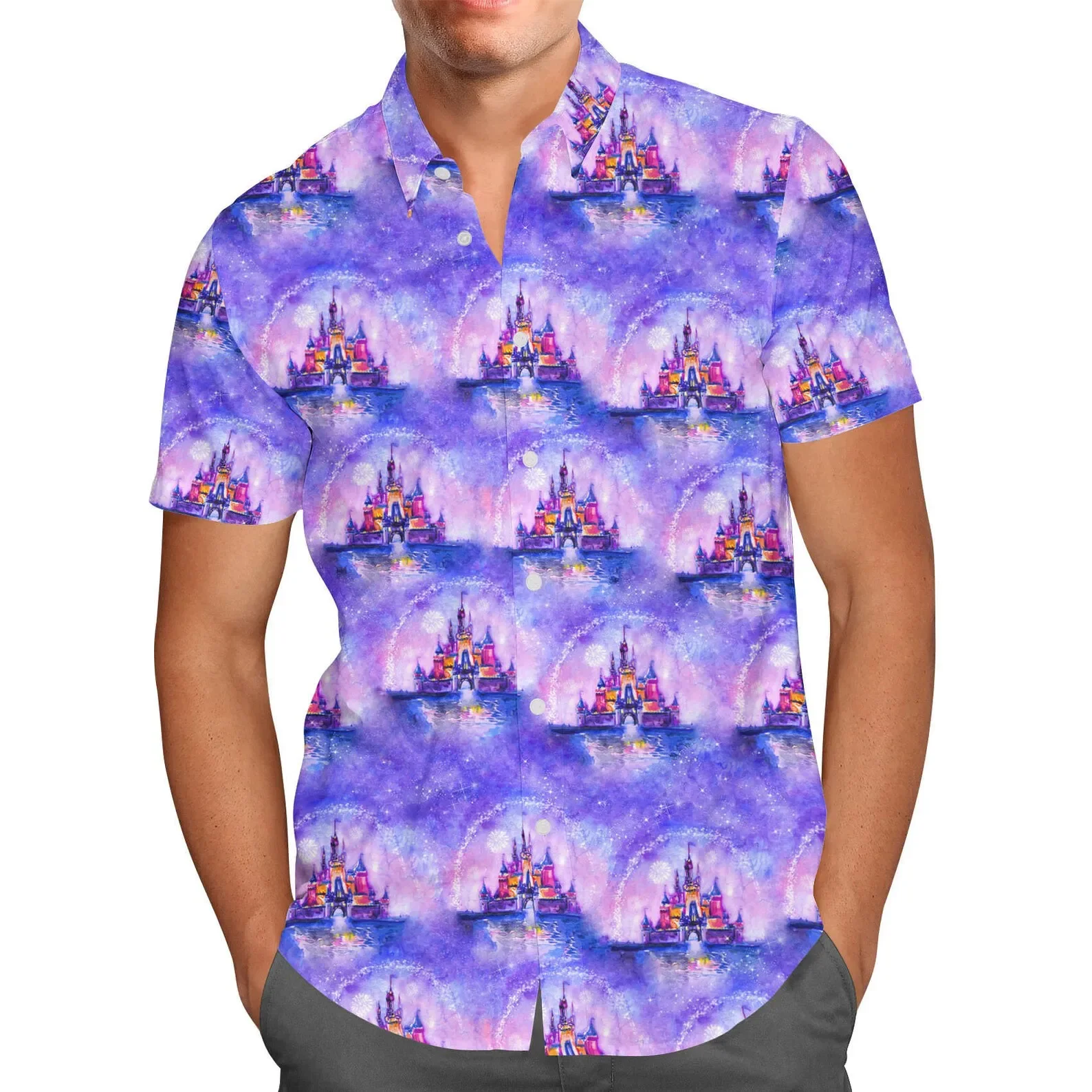 Valentine Disney Castle Hawaiian Shirt Men's Button Down Short-Sleeved Shirt Fashion Disney Short Sleeve Hawaiian Beach Shirt