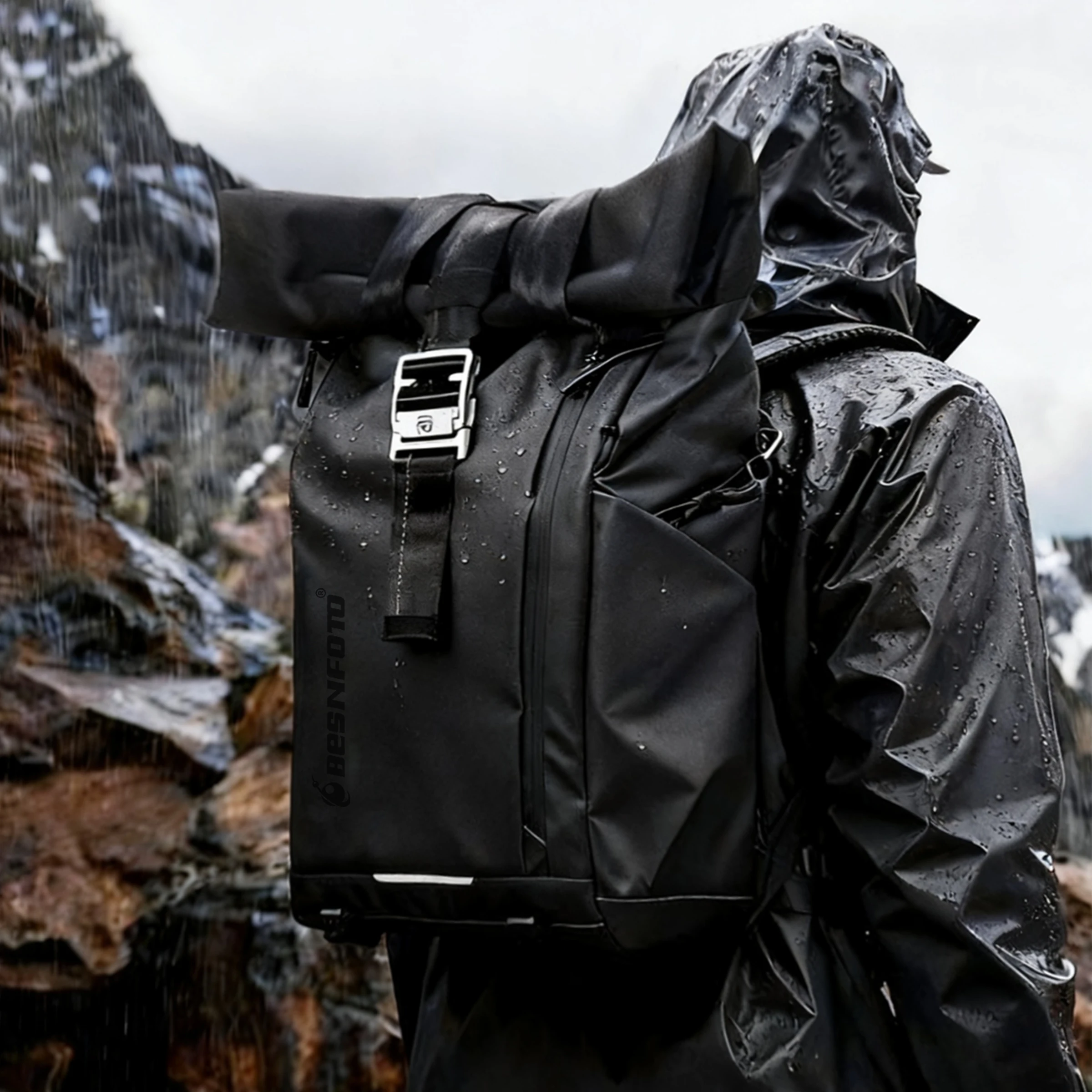 Besnfoto Waterproof Photography Backpack with 15'' Laptop Compartment & Tripod Holder, Roll Top Design for Travel Hiking