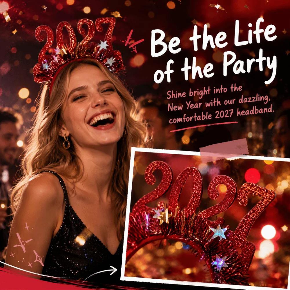 Adjustable Size 2027 Christmas Headband Light-Up Function Glitter Sequined New Year Headpiece Flexible Design Plastic Frame