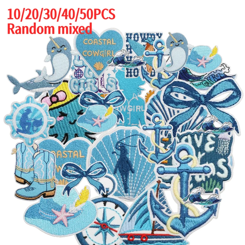 

10/20/30/40/50pcs Random Mixed Series Embroidered Blue Style Lot Patches for Clothing Iron on Embroidered Pack Bulk Wholesale