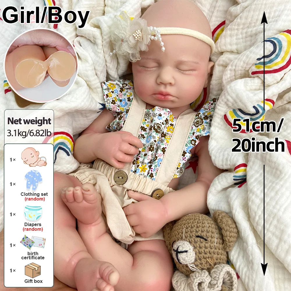 20 "Occhi chiusi Dormire Bambola appena nata Silicone Reborn Baby Doll Ragazza e ragazzo Giocattolo per bambini ponderato Simpatico regalo di Natale da collezione