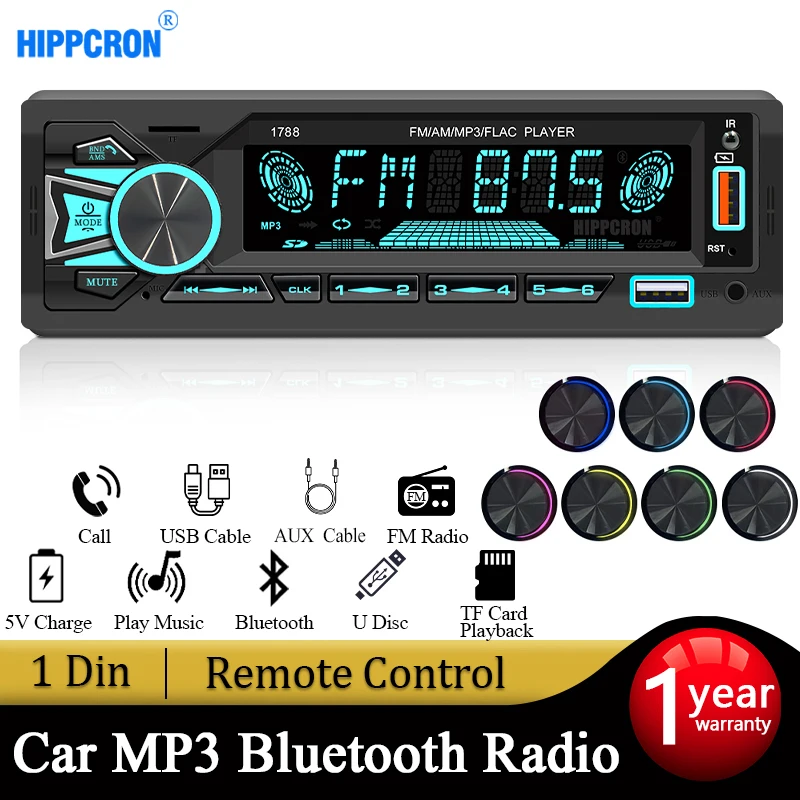 Hippcron Car Radio Stereo Receiver 1din FM Bluetooth MP3 Audio Player Cellphone Handfree Digital USB/TF With In Dash Aux Input