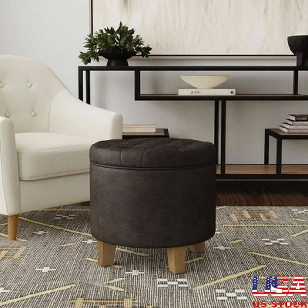 

Round Storage Ottoman Faux Leather Button Tufted Honey Oak Wood Legs Easy Assembly Stylish Living Room Bedroom Furniture