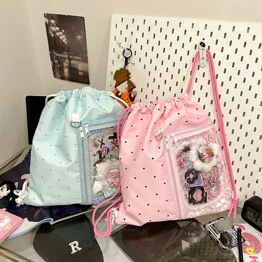 Mochila informal de nailon de estilo coreano con cordón, bolso ligero de nailon suave y dulce, mochila escolar para estudiantes con punto ondulado Harajuku para niñas