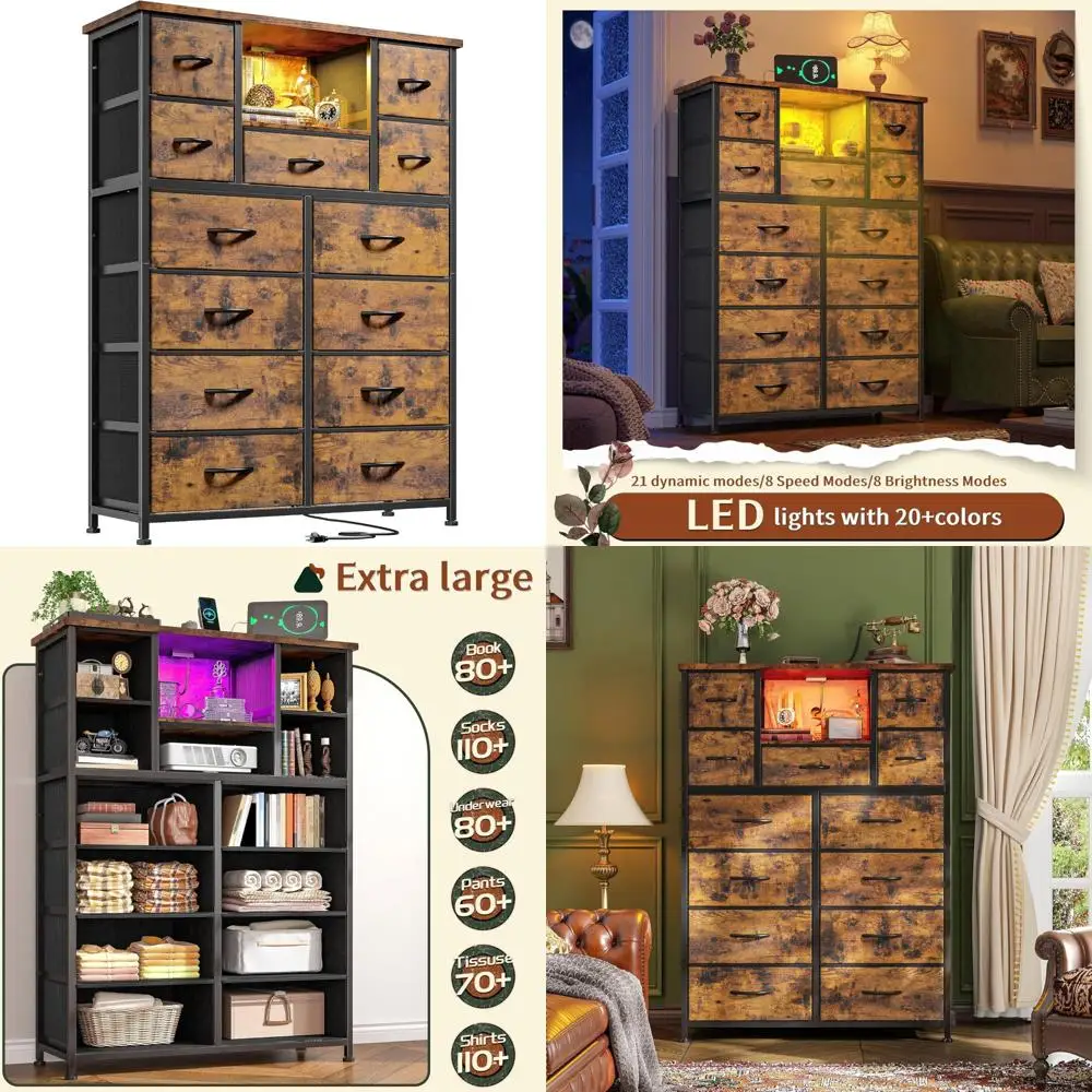 rustic brown led-lit dresser with 4 charging ports and 13 drawers for bedroom, dorm, and more
