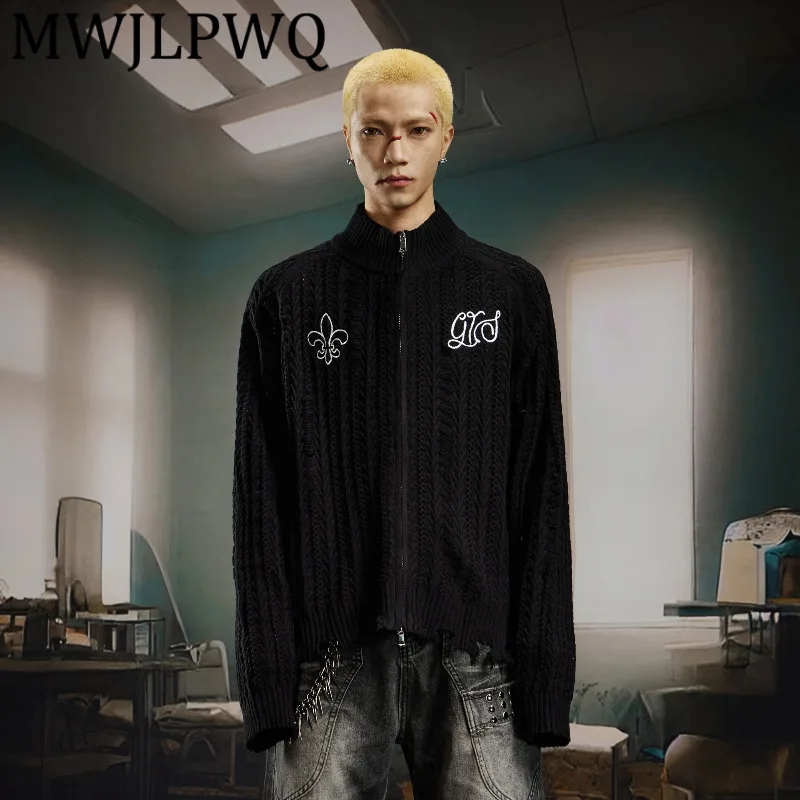 

MWJLPWQ вышитый потертый дизайн свитер с воротником-стойкой мужской кардиган на молнии топы свободный ленивый трикотаж осень-зима новинка 12230