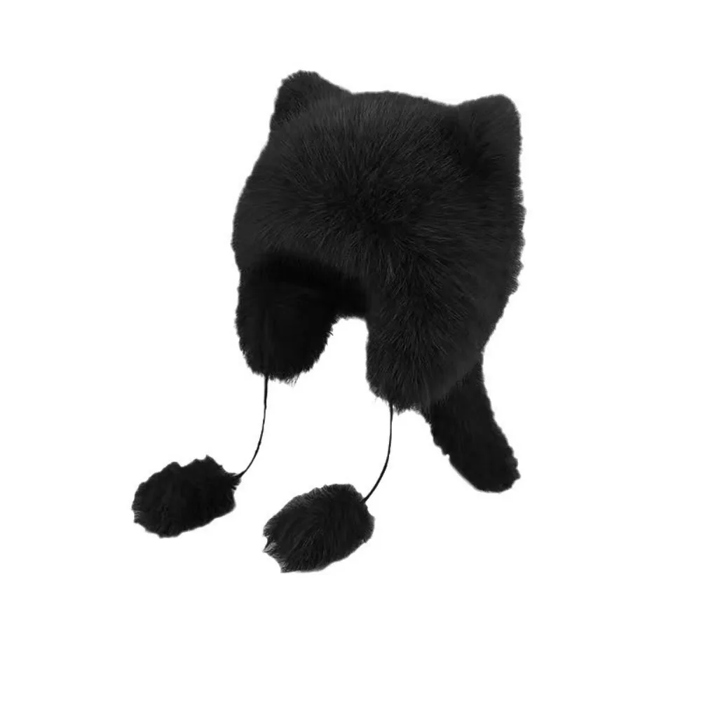 Cute Thickened Raccoon Fur Cap with Fur Balls Keep Warm Winter Hat Solid Color Windproof Winter Earlap Hat Adult