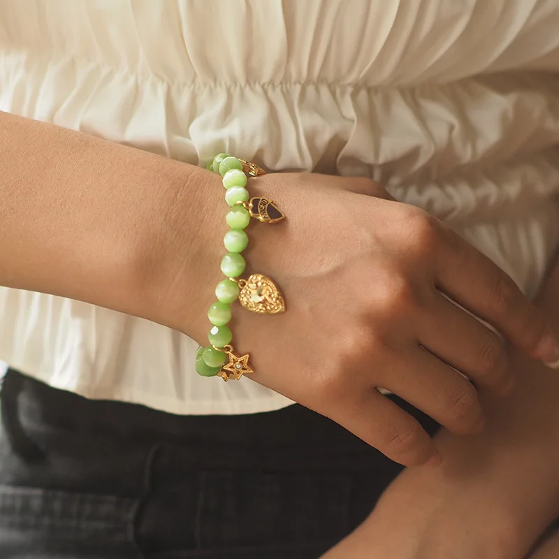 

Faux Green Cat's Eye Beaded Bracelet - Fresh Style Embossed Geometric Star, Vintage Artisan Niche Design