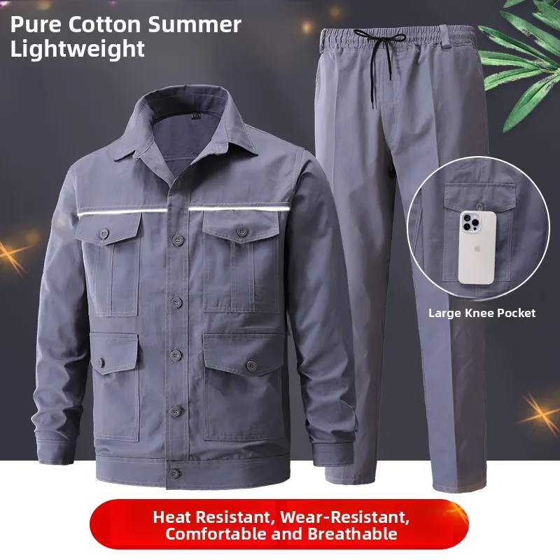 

Летний мужской рабочий костюм из чистого хлопка, тонкий, с длинными рукавами, износостойкий, термозащитный, для авторемонта и строительства