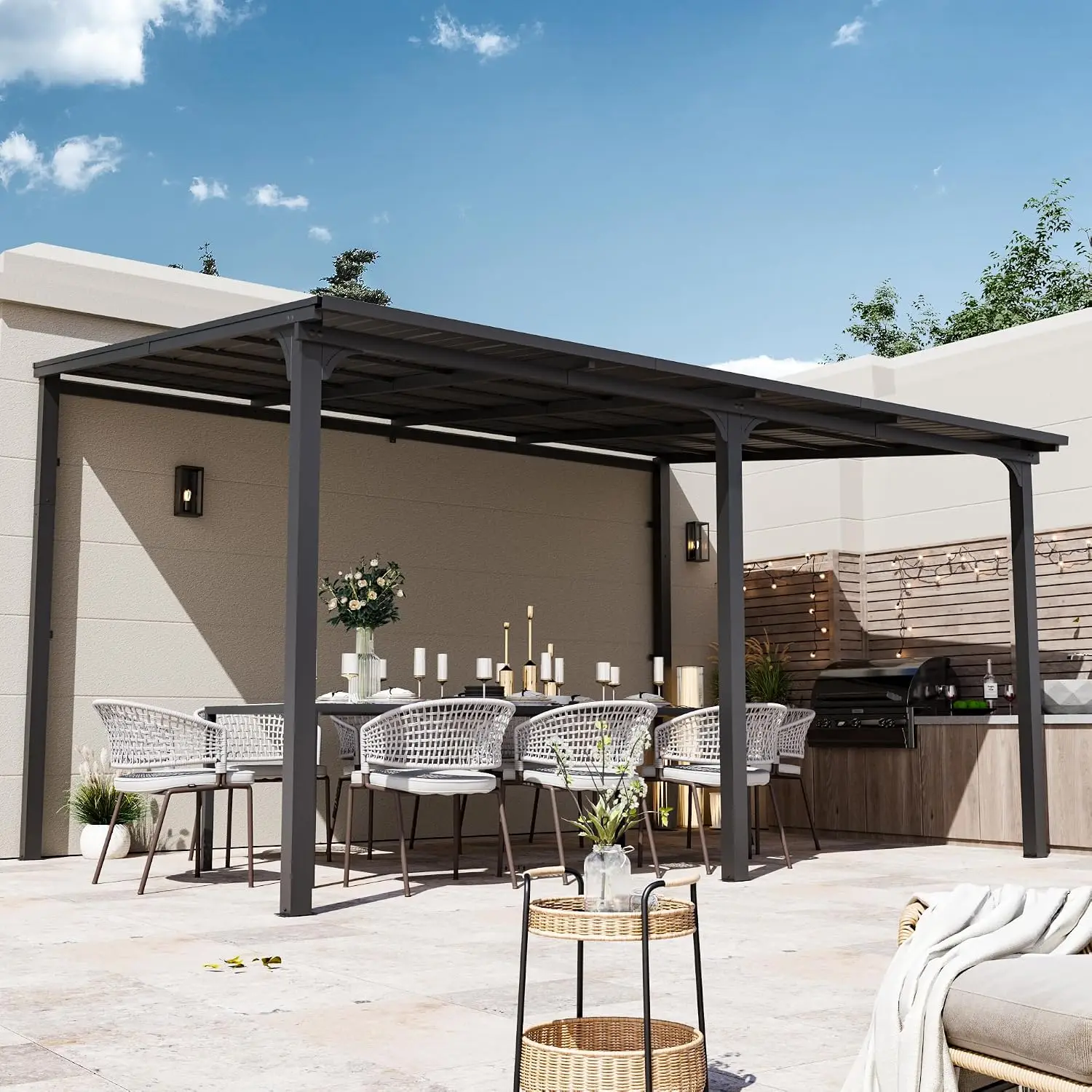10'x14' Wall Gazebo with Galvanized Steel Roof & Drainage Gutter, Heavy Duty Outdoor Pergola for Patio Backyard Deck, Customized