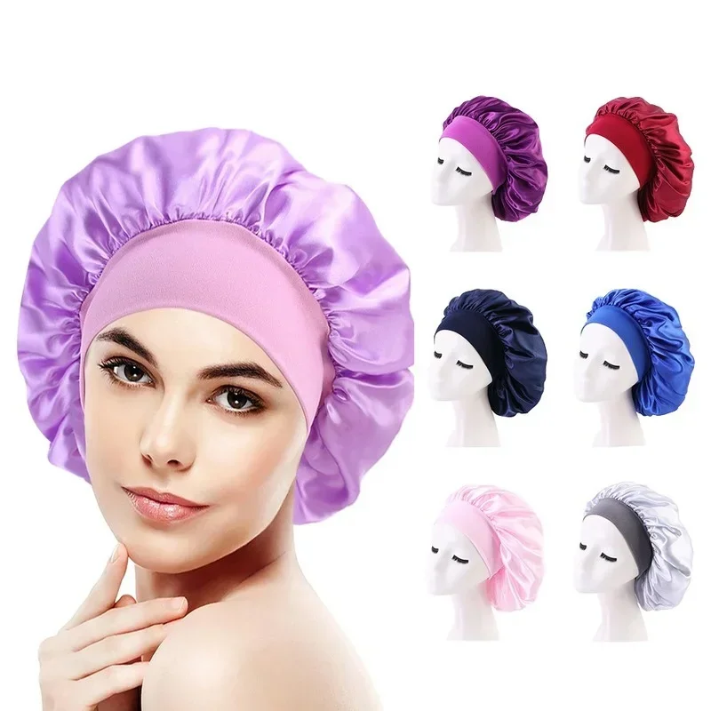 Women Sleeping Caps Bathroom Satin Solid Color Stretch Bonnets Hair Hat for Daily Use and Beauty