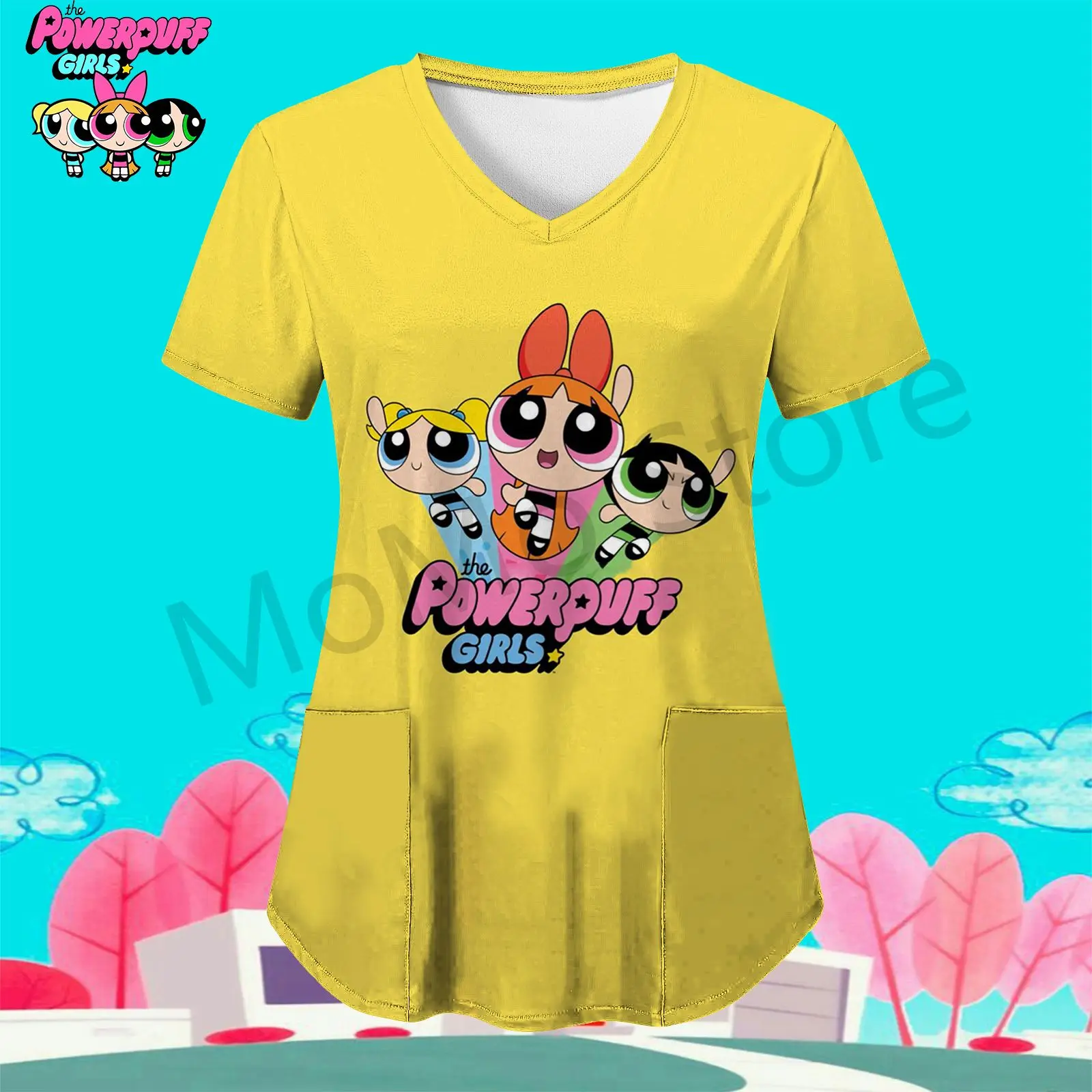 Women's Nurse Uniform T-Shirt Pocket The Powerpuff Girls S-2XL 3D Print Y2k V Neck Summer Youthful Woman Clothes Lovely Sale New