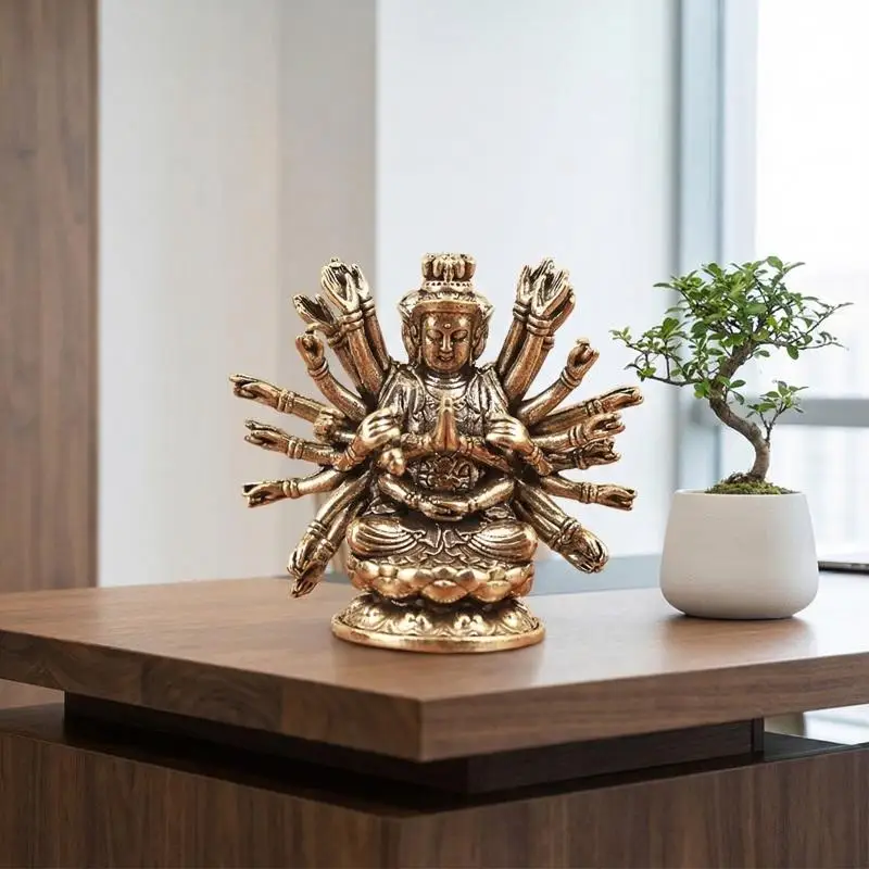 Retro Brass  Statue Thousand Hand Bodhisattva Decorative Ornament for Table Home Temple Zen Garden Meditation Gift