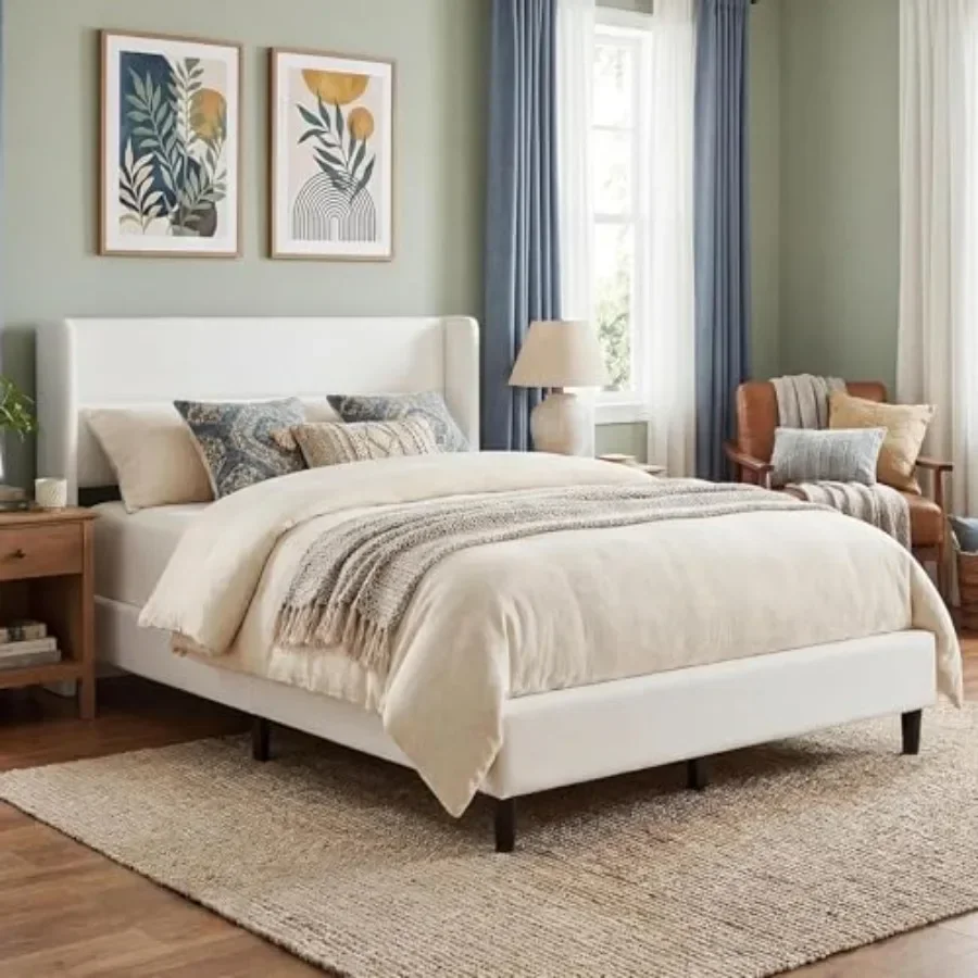 Bed Frame with Wingback Headboard for Bedroom, Velvet Upholstered in Beige, Soft Touch and Elegant Design