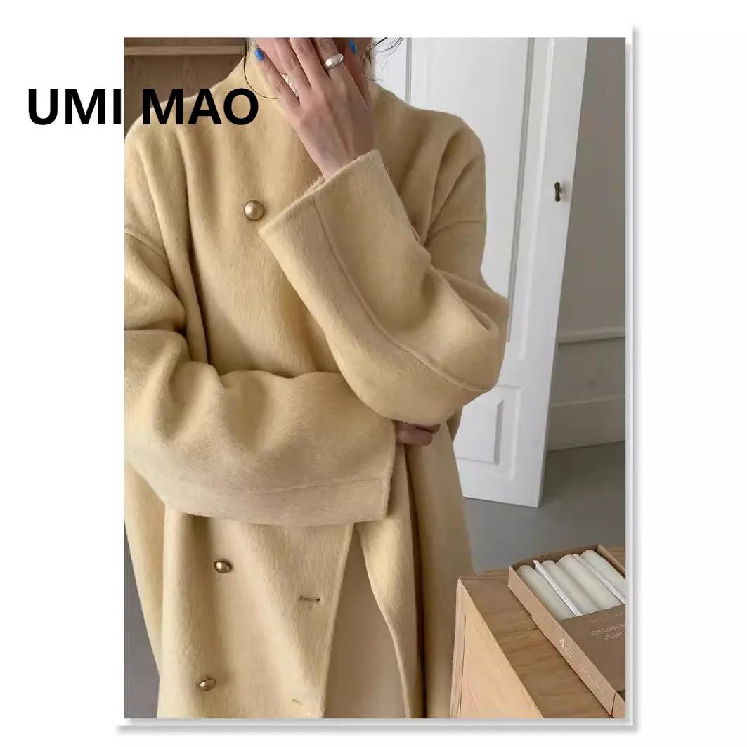 

UMI MAO шерстяное пальто, осеннее корейское свободное пальто с металлической пряжкой, нежное двухстороннее пальто из верблюжьей шерсти, сшитая вручную куртка, женское пальто