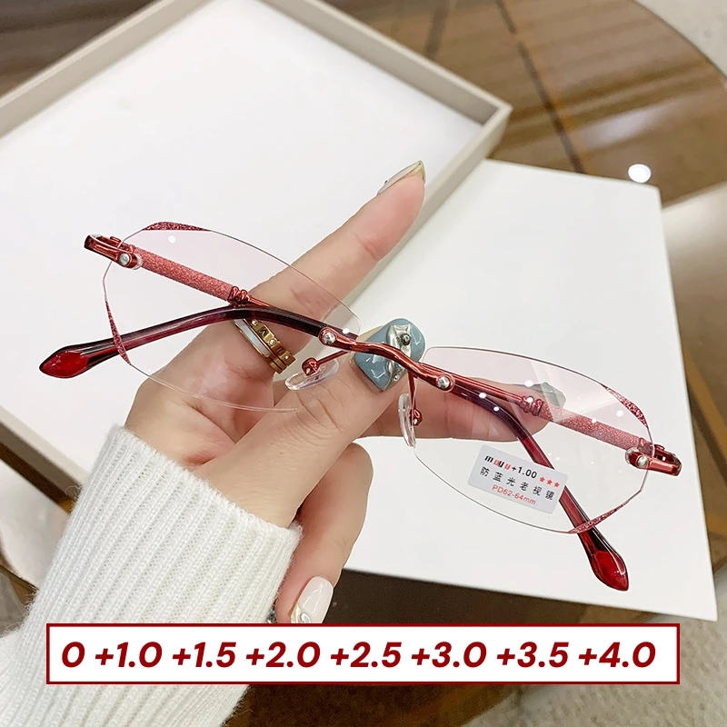 

Fashion Frameless Cutting Edge Reading Glasses Red and Purple Starlight Fine Flash Presbyopia Eyewear Anti Blue Light Glasses