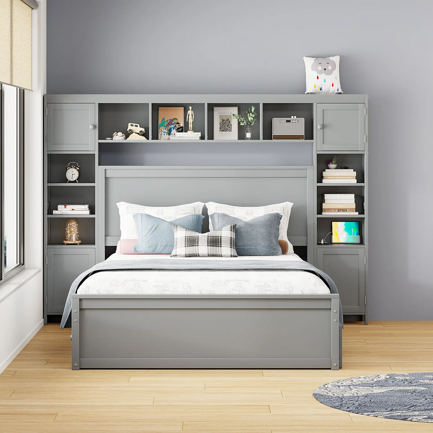 

Gray Queen Size Wooden Bed with Cabinet, Shelf, Sockets - All-in-One Solution