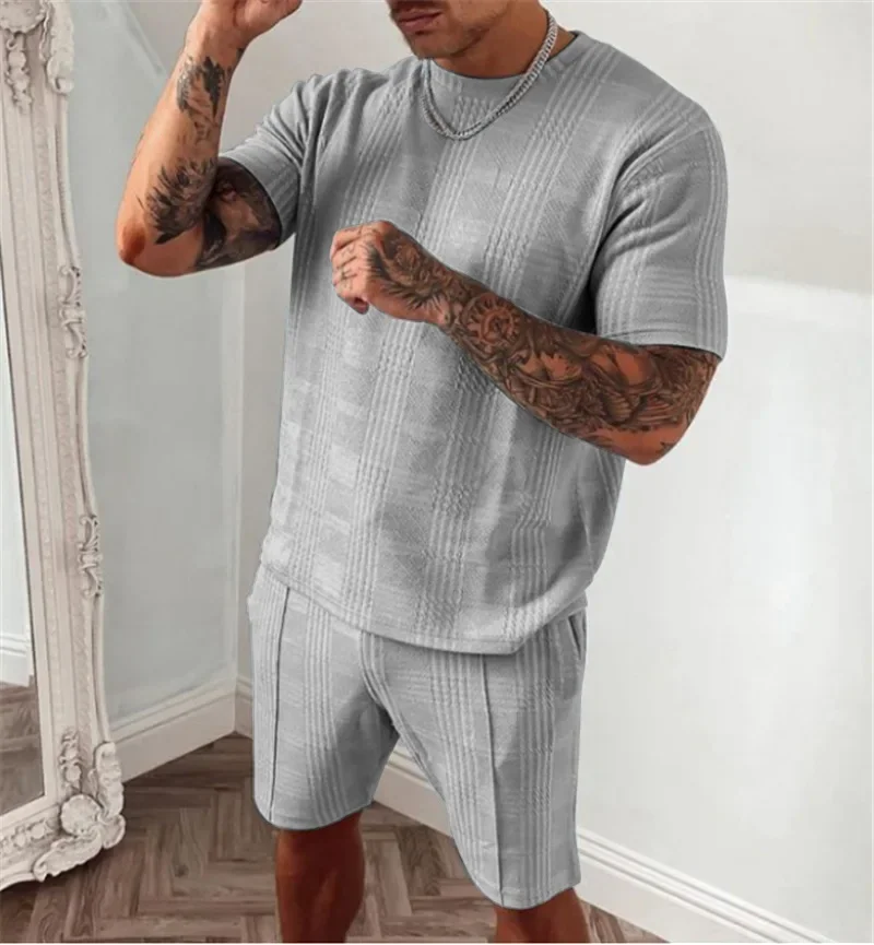 Summer New Sportswear Men's Casual Fitness Running Suit Solid Color Printing Short-sleeved Shorts Suit Men's Fashion 2-piece Set