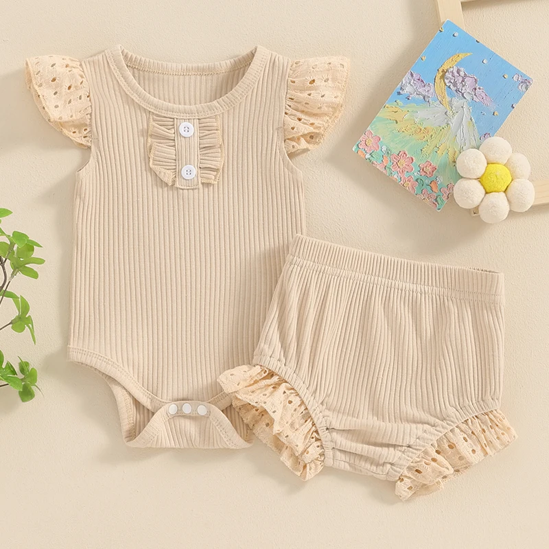 

Newborn Baby Girl Clothes Smocked Ribbed Romper Bodysuit Ruffle Lace Shorts Bottoms Headband Summer Outfit