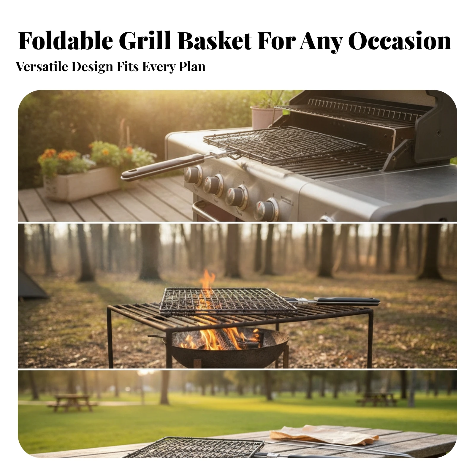Seafood Grill Basket Foldable Grill Basket with Handle Cesta Para Pescado Heavy Duty Cookware Plegable for Campers, Backyard BBQ