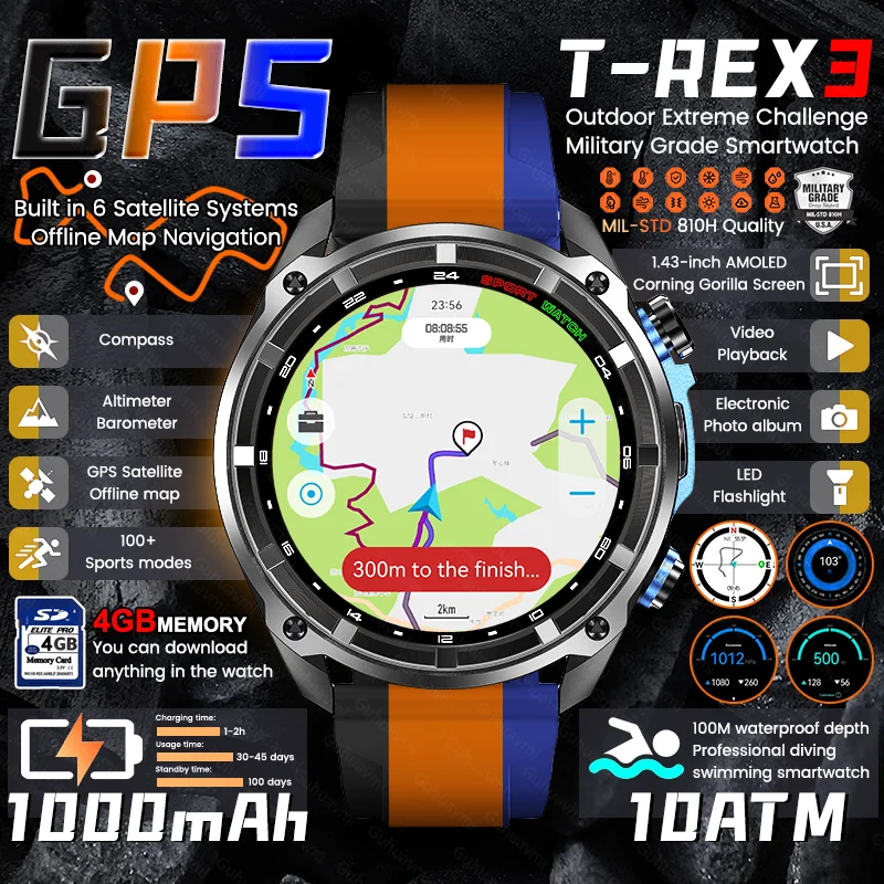 

New Men Military T-Rex3 Built in GPS Smart Watch 1000mAh Large Battery 10ATM Waterproof 4GB Memory HD Bluetooth Call Smartwatch