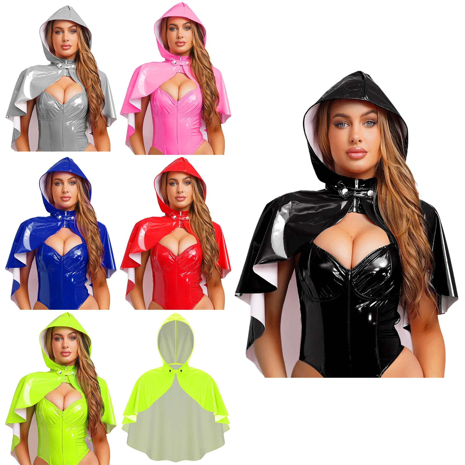 Women's Wet Look Hooded Cloak Shiny Leather Closure Cape Bolero Steampunk Gothic Cloak for Devil Masquerade Cosplay Cloak
