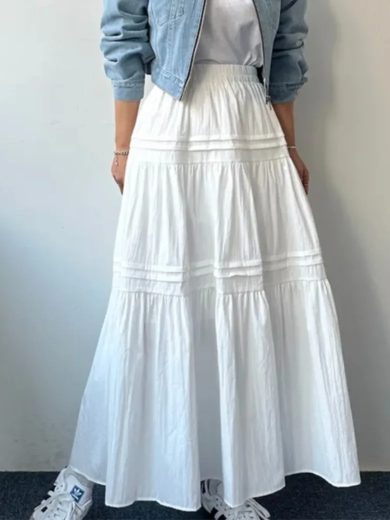 Elegancka spódnica midi o kroju litery A z wysokim stanem, wyszczuplająca, uniwersalna, plisowana, łączona, o długości do połowy łydki, w stylu koreańskim, idealna do pracy.