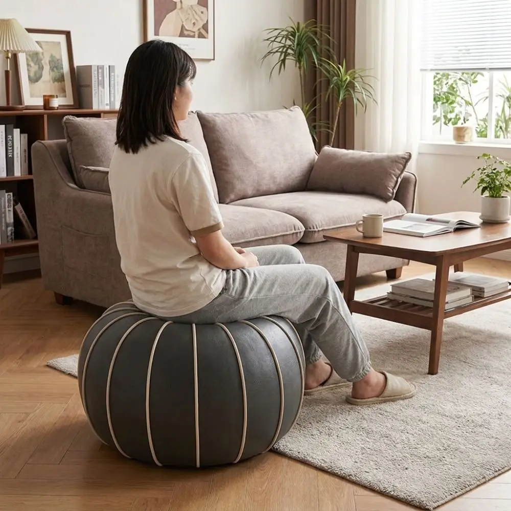 Decorative PU Leather Pouf Ottoman Cover Unstuffed Large Capacity Sofa Footstool Cover Minimalist Round Storage Bag Entrance