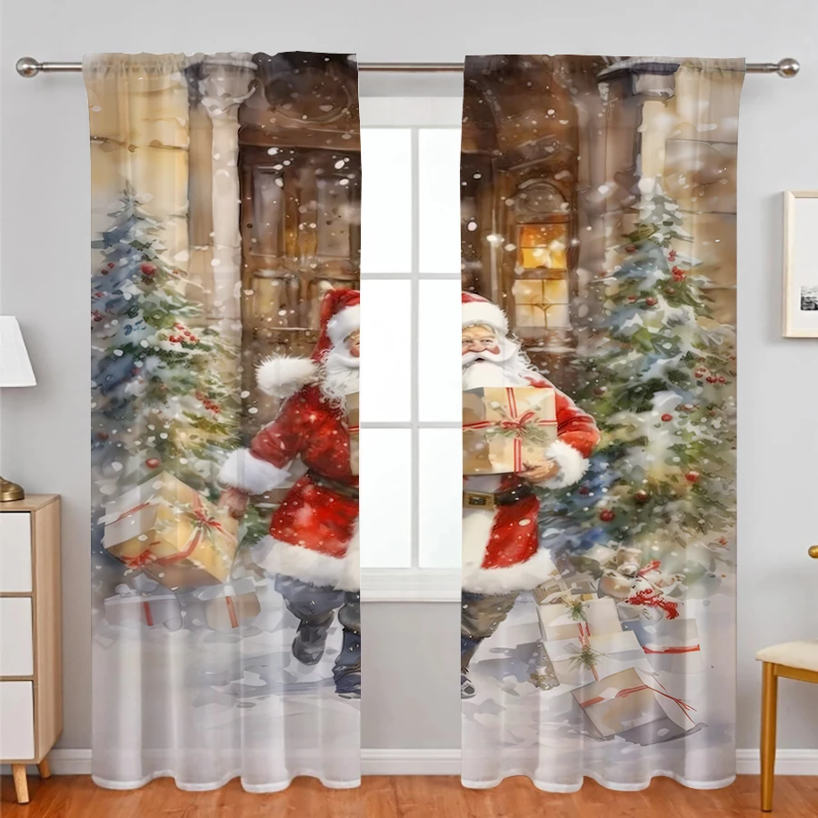 2PCS Sheer Curtains Santa Claus Gift Box Christmas Tree Print, Window Voile Panels for Bedroom Living Room Xmas Holiday Decor