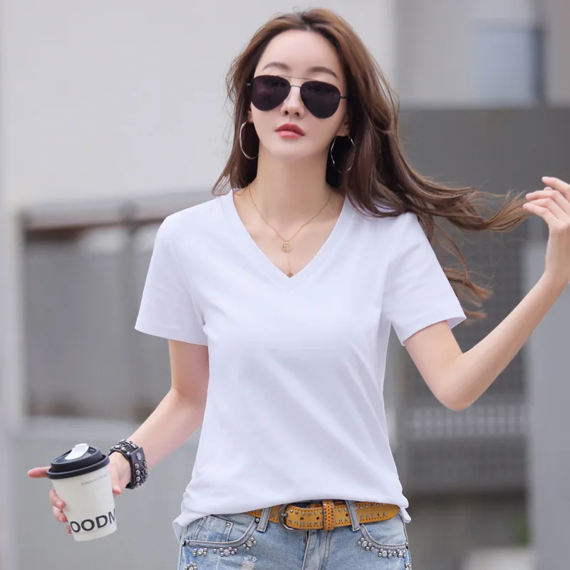 New 2024 T Shirt Women Summer Short Sleeve V-neck Solid Color T-shirt Cotton Casual Female T-shirt 5 Colors Fashion Tops Tees